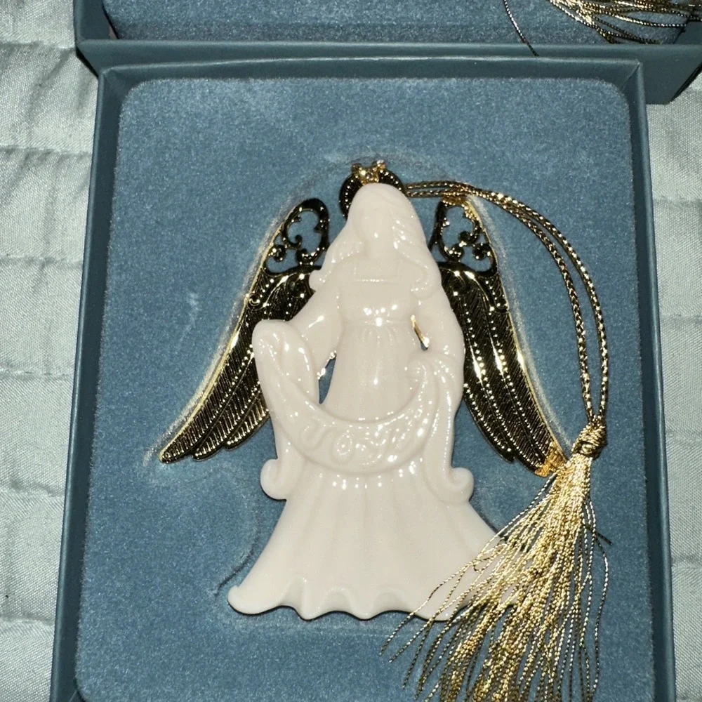 2 Lenox Ornaments Angels Playing Lute Wings BOX Porcelain 1990s Vintage USA